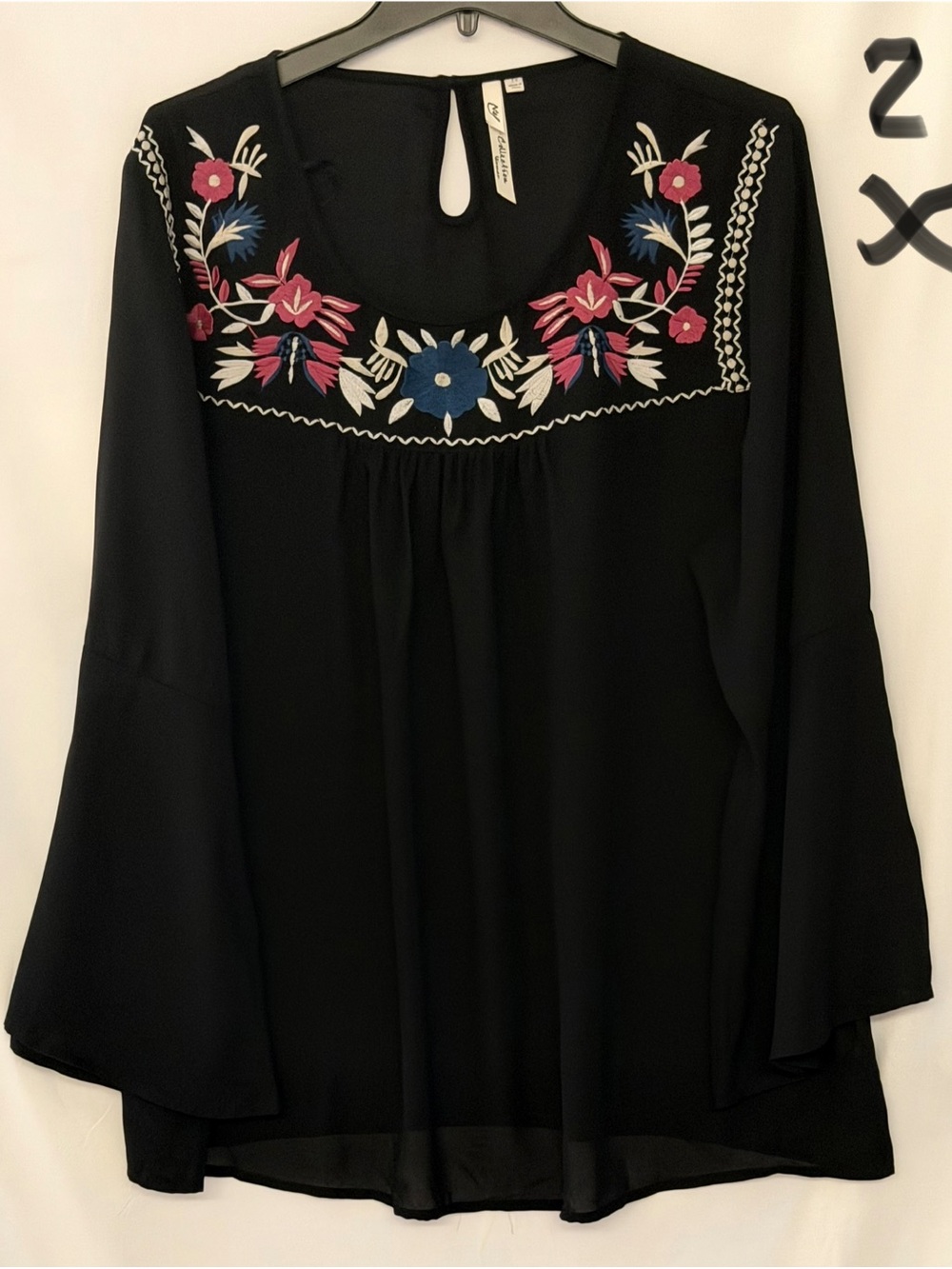 NY Collection Black Tunic with Pink and Blue Floral Yoke